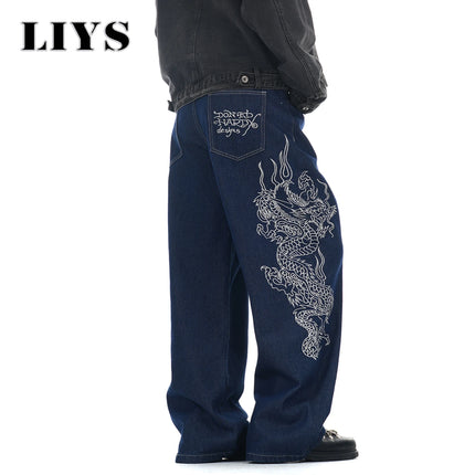 LIYS New Men's Blue Baggy Dragon Embroidered Wide Leg Jeans Spring Summer Classic Blue Baggy Washed Denim Pants Unisex Clothing