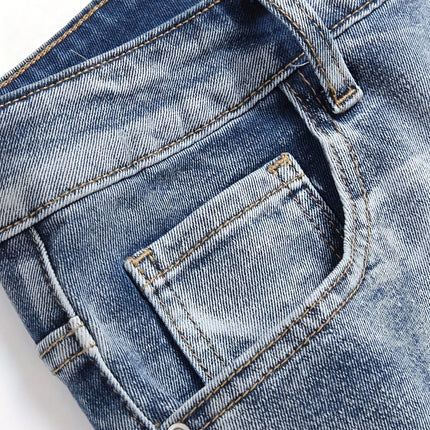 Men‘s Stretchy Denim Jeans Streetwear Tearing Patchwork Holes Ripped Denim Elastic Waist Casual Pants Slim fit Straight Trousers