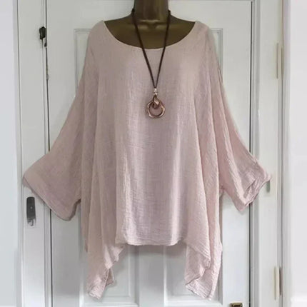 2024 Women's T-shirts Plus Size 5XL T-Shirt Linen O Neck Casual Loose Shirt Summer Autumn New Solid Batwing Long Sleeve