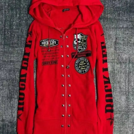 Slim Fit Punk Rock Dark Harajuku Long Sleeve Hoodie Jacket Skeleton Letter Waist Cinched Open Cardigan Spicy Girl Street Style