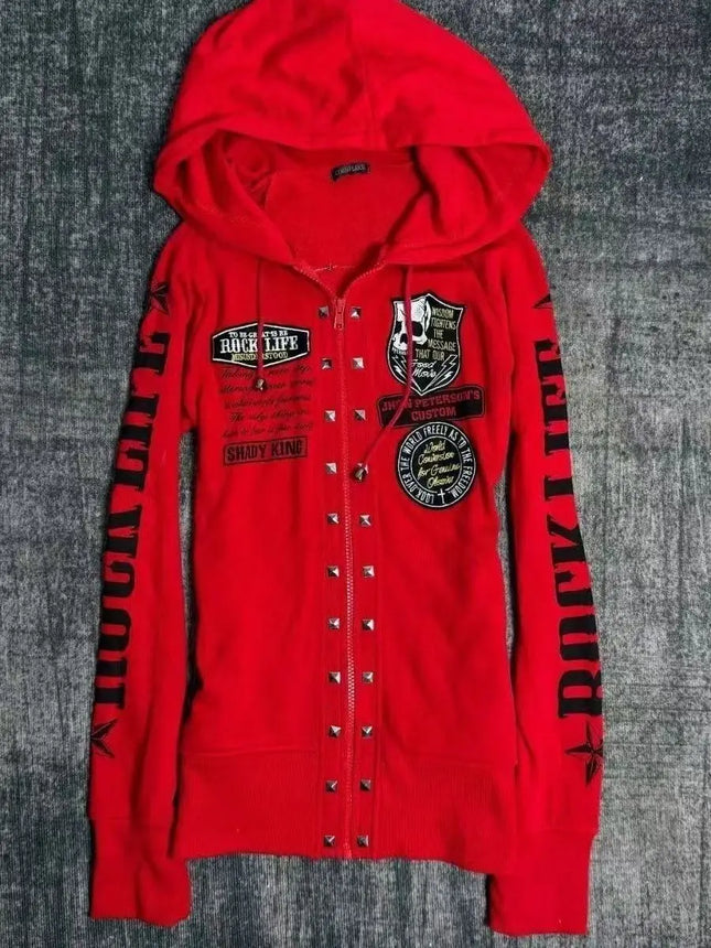 Slim Fit Punk Rock Dark Harajuku Long Sleeve Hoodie Jacket Skeleton Letter Waist Cinched Open Cardigan Spicy Girl Street Style