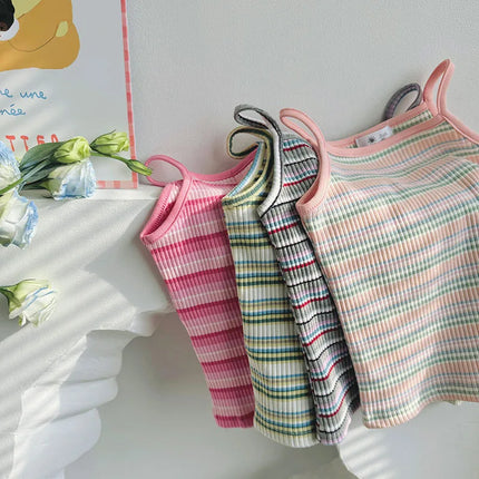 2024 Summer Girls 2-8 Years Casual Stripe Suspender Kids Cotton Sleeveless Shirts