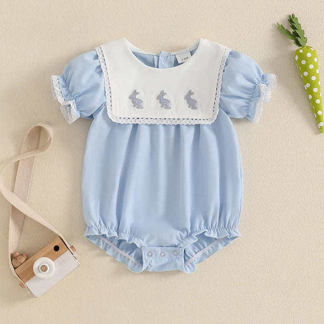 0-18M Newborn Baby Girl Easter Romper Short Sleeve Round Neck Bunny Embroidery Bodysuit Newborn Outfit
