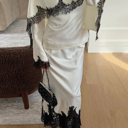 Elegant Lace Patchwork Shawl Top Skirt Set Women Lace Up Full Sleeve Shirt Loose Long Skirt 2026 Spring Fashion Lady Outfit