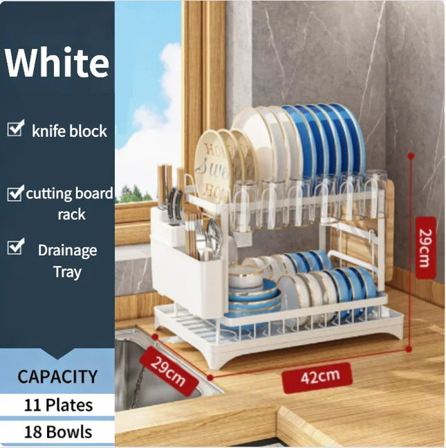 2 Tier Dish Drying Rack Large Rustproof Kitchen Drainer with Drainboard Organizer