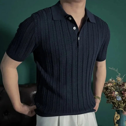Business Casual Summer New Style Short Sleeve Polo Shirt Men's Knitted Slim Fit Collared Top Trendy Ins Style AE Stock