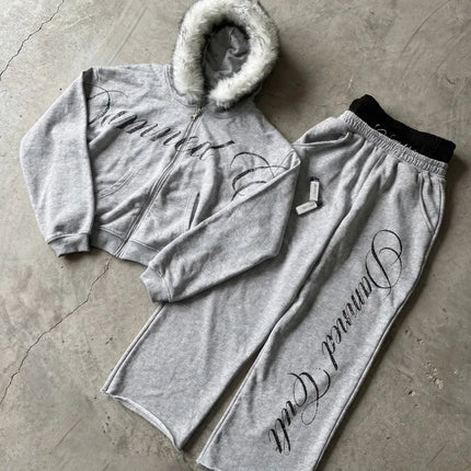 Y2K Retro Gothic Fur Collar Zipper Hoodie Women Trendy Brand Clothing Suit Harajuku Fashion Loose Oversized Sweatpants Men