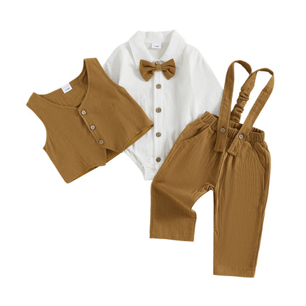 0-18M Newborn Baby Boy Dress Clothes Long Sleeve Romper Shirt Bowtie Waistcoat Suspender Pants Set Suit Fall Outfits