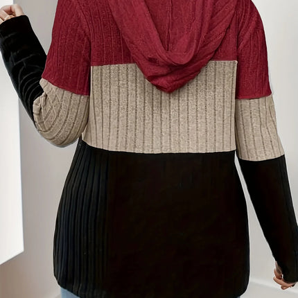 Plus Size Women's Hooded Fashion Knit Ribbed Cardigan Sweatshirt