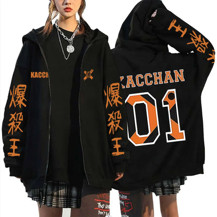 Anime My Hero Academia Bakugou Katsuki Zipper Hoodie Men Women Cartoon Cosplay Zip Up Hoodies Male Casual Retro Oversized Jacket