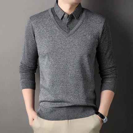 Autumn and Winter New Collection with Fleece Fake Two Piece Long Sleeved Polo Shirt for Men Fashionable and Casual Versatile Top