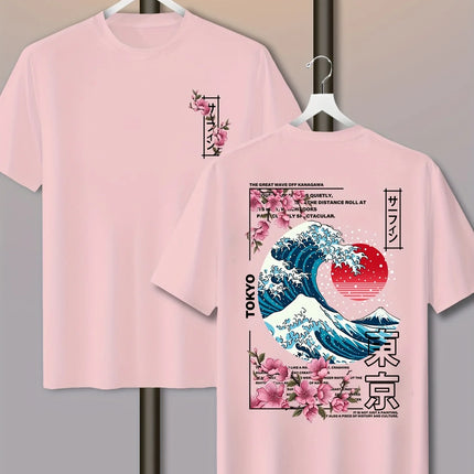 Men's Casual Tokyo Island Sunset Wave Print 100% Cotton T-shirt Short-sleeved Summer Breathable Street Trend Loose Comfortable