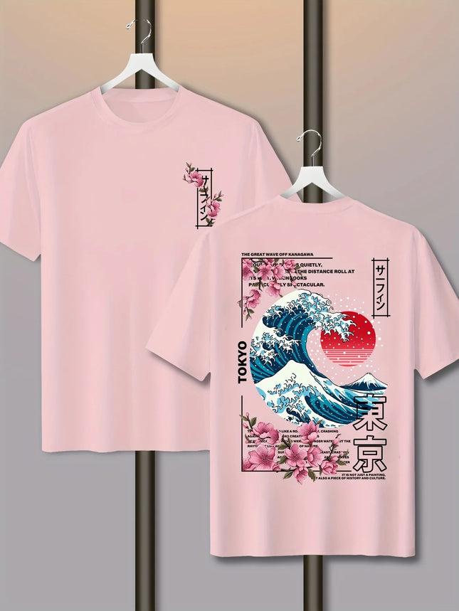 Men's Casual Tokyo Island Sunset Wave Print 100% Cotton T-shirt Short-sleeved Summer Breathable Street Trend Loose Comfortable