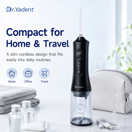 Dr.Yadent YD06 Oral Irrigator Flosser 300ML Large Capacity for Road Trips 4 Modes with DIY Pressure 7 Varies Nozzle Water Jets