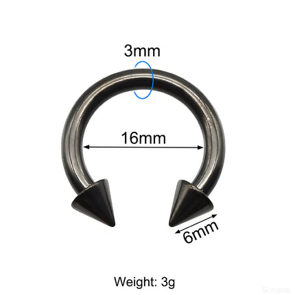 1Pc Large Gauge Black Stainelss Steel Horseshoe Ring with Spike Circular Barbell Piercing Nose Rings Cone Piercing Septum Rings