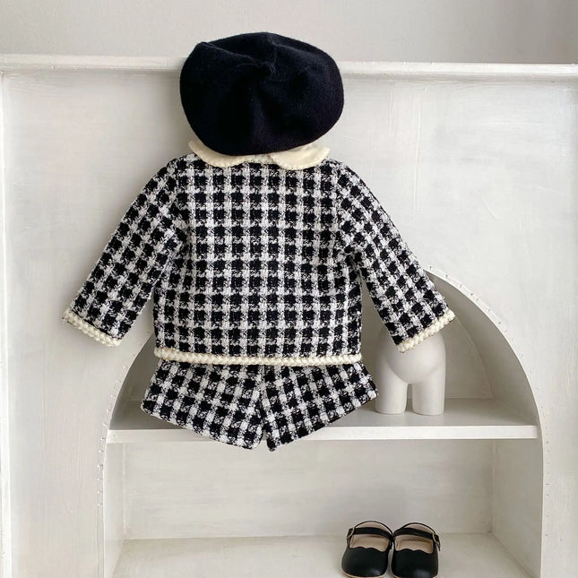 Spring and Autumn two-piece new baby girl black checkered long sleeved shirt with open top jacket and shorts