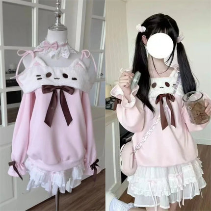 Japanese Kawaii Sweatshirts Women Autumn Sweet Bow Casual Off Shoulder Hoodies Design Elegant Lolita Tops Patchwork Coat