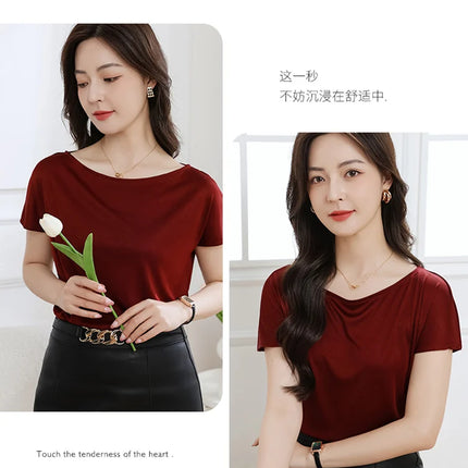 Summer women's short sleeved acetate fabric high-end knitted women's T-shirt thin European style hot selling women's T-shirt