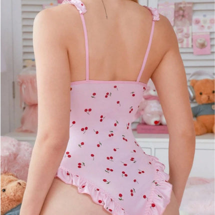 Foamlina Cute Pink Cherry Print Backless Teddy Lingerie for Women Sweet Bow Ruched Trim Spaghetti Strap Bodysuit for Nightwear