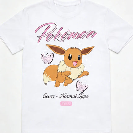 Bandai New Pokemon Genie Eevee Butterfly Print High Quality Fashion Men's Short Sleeve Parent-Child Loose Comfortable T-Shirt