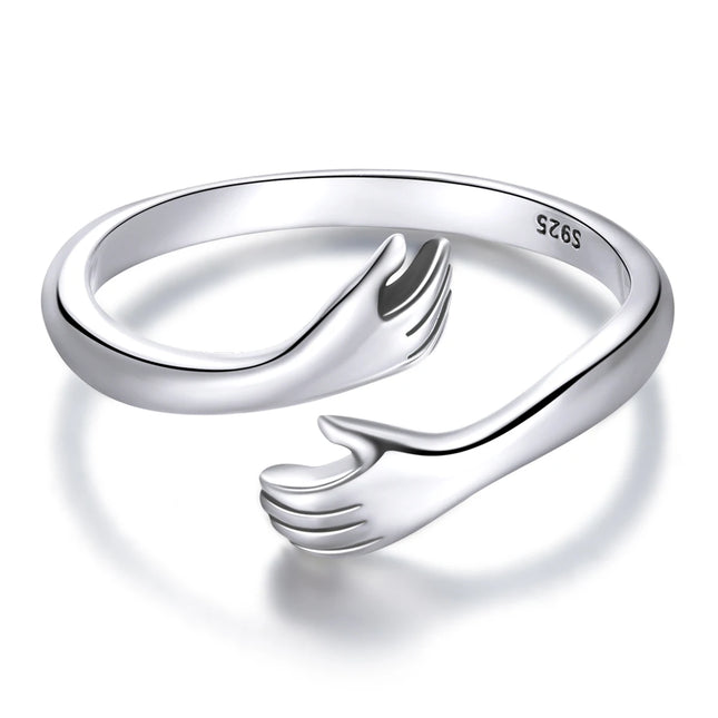 BAMOER 925 Sterling Silver Hug Open Ring Warm Love Hand Adjustable Glossy Ring for Women, His Big Loving Family Party Gift