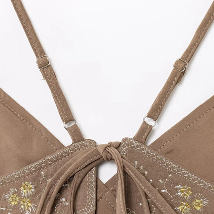 HH Women's Summer Sexy Sling Tops Light Brown V-Neck Sleeveless Embroidery Lace-Up Decoration Fashion Short Tops