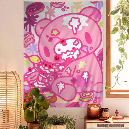 VIKAMA Cute Pink Bear Cartoon Tapestry, Wall Hanging For Living Room, Bedroom, Gaming Room, Dorm And Birthday Party Home Decor