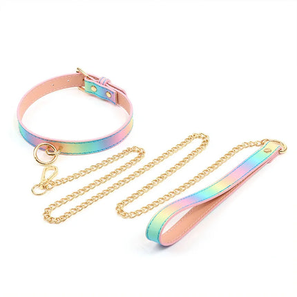 Adult SM Products BDSM Sex Toys Bondage Rainbow Neck Collar With Leash Sex Stimulation Flirting Toys Sexy Restraint For Couples