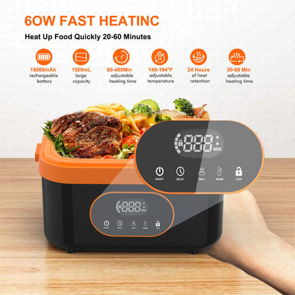 Gison 1.5L Portable Electric Heated Lunch Box 60W No Water Heating Lunch Box Car Work Lunch Box Heater 18000mah Rechargeable