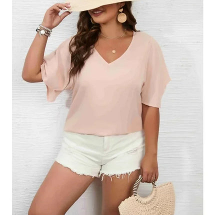 Plus Size 1XL-5XL Women's Solid Color  Short Sleeve Blouse V Neck Bell Sleeve Blouse Casual Pullovers Shirt Top