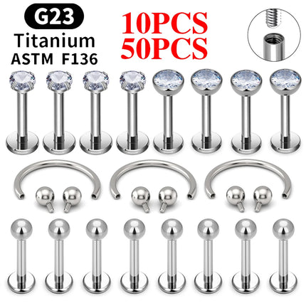 10/50PCS G23 Titanium Piercing Labret Lip Studs 16G CZ Internally Threaded Nose Septum Ring Eyebrow Tragus Cartilage Jewelry