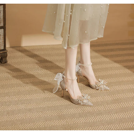 Spring Pointed Toe Party Wedding Shoes for Women, Bride Bow Thick Heel Silver Sequin Fairy Lolita Style Single Shoes