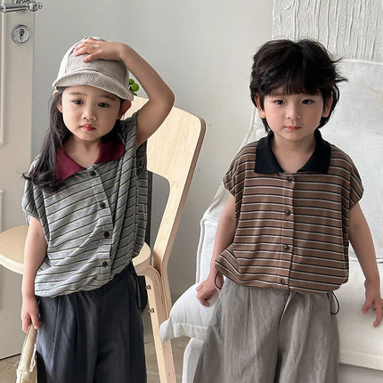 Boys and girls POLO shirt 2025 children's summer new striped short-sleeved T-shirt Mori retro tops summer 80-140cm