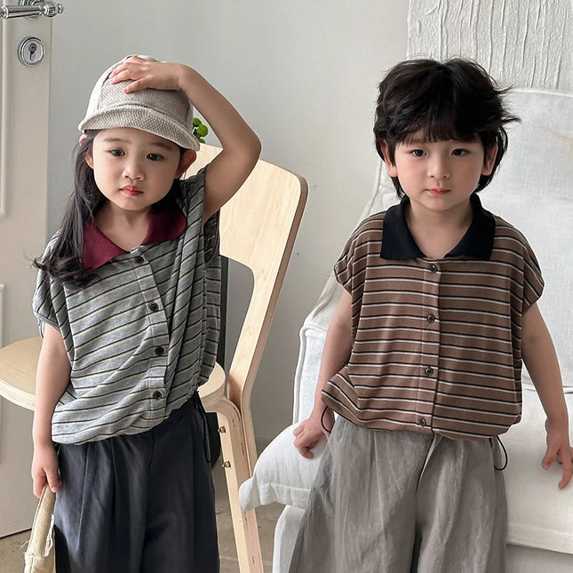 Boys and girls POLO shirt 2025 children's summer new striped short-sleeved T-shirt Mori retro tops summer 80-140cm