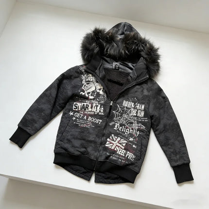 Autumn/Winter Y2k Women Aesthetic Harajuku Faux Fur Collar Hoodies Clothes Graphic Hip Hop Punk Gothic Zip Up Hoodies 2025 New