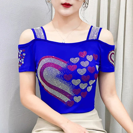 Summer Streetwear Fashion Women's T-shirt Luxury Design Butterfly Hot Diamonds Tee Sexy Off Shoulder Girls Tops European Clothes