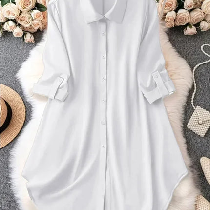 Plus Size 1XL-5XL Fashion Women‘s   Turn-Down Collar Blouse Ladies Button-Up Casual Chic Solid Color Roll-Up Sleeves Top Shirt