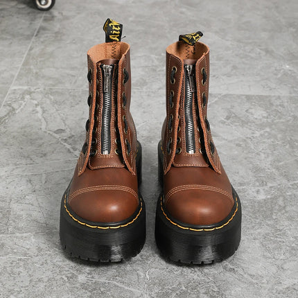 Women Boots Genuine Leather Platform Boots Motorcycle Shoes Front Zipper Optical Soles Fashion Sexy Punk Luxury Men Winter Boots