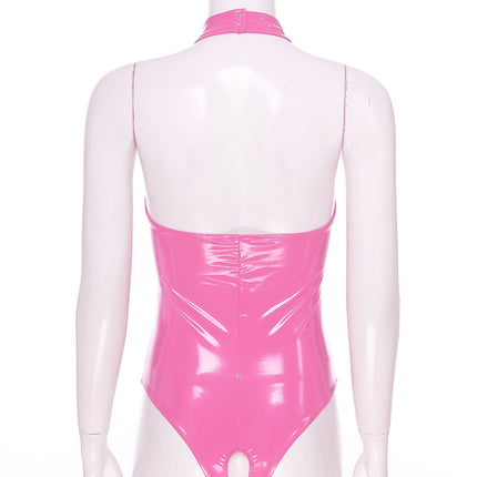 Womens Latex Lingerie Cutout Patent Leather Bodysuit Halter Neck Backless Crotchless Open Cup Teddies Leotard Erotic Clubwear