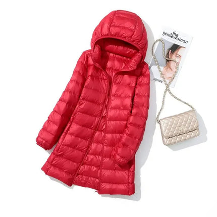 Haze Blue Women's Lightweight Long Jacket, Hooded Long Sleeve Coat, Asian Size M-7XL, Red, Black, Blue, Purple Available Parkas