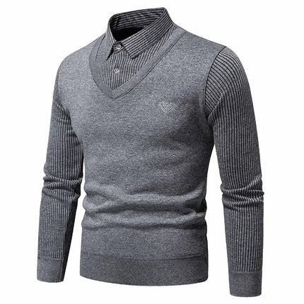 Autumn and Winter New Collection with Fleece Fake Two Piece Long Sleeved Polo Shirt for Men Fashionable and Casual Versatile Top