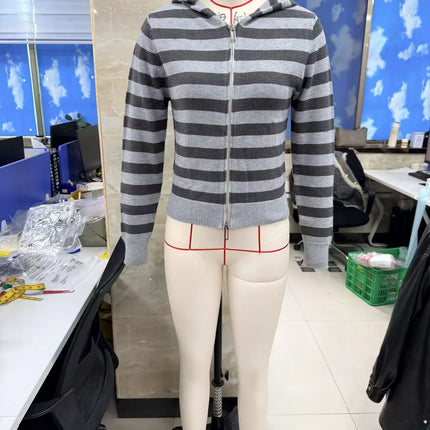 Women Full Zip Up Hoodie Sweatshirt Striped Long Sleeve Zipper Crop Shirt Color Contrast Y2k Hooded Cardigan Jacket