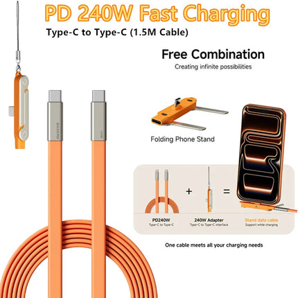 240W PD Type C Fast Charging Cable Foldable Bracket 2-in-1 Data Cable Phone Stand Charge Wire For iPhone Macbook Xiaomi Samsung