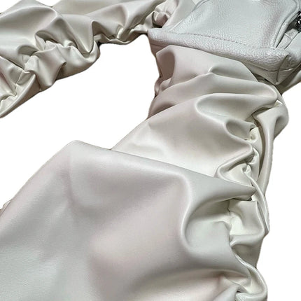 Mauroicardi Spring Autumn Cool Handsome Fitted Long White Pu Leather Ruched Pants for Men Luxury Designer Alternative Clothes