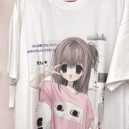 Kimutomo Women T Shirts Sweet Cartoon Printed Short Sleeve Loose Vintage Y2k Aesthetic Harajuku Tops Female Fashion Casual