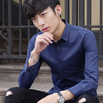 Slim Fit Long Sleeve Silk Men's Shirt Hong Kong Style Workwear Iron-Free Professional Shirt Youth Fashion Spring