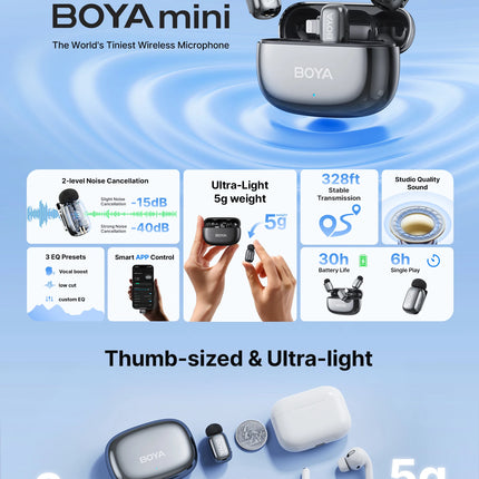 BOYA Mini 2 Wireless Lavalier Microphone AI Noise Reduction Mini Mic for iPhone 6-14/15-17 USB-C Android Phone Video Recording