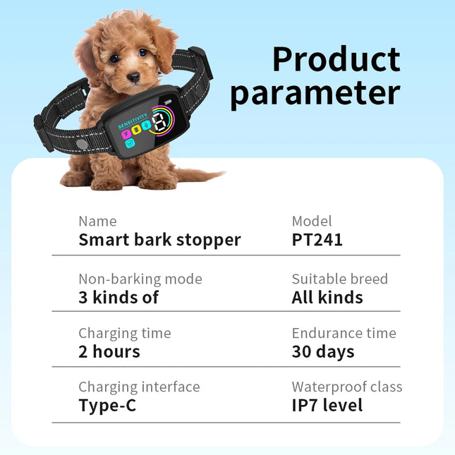 Automatic Anti-Bark Dog Training Collar Type-C Rechargeable Dog Trainer Electric Shock Vibration Buzzer Waterproof