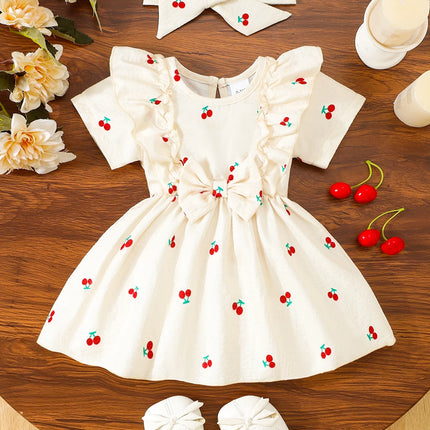 2pc Dress Set: Summer Cherry Print, Ideal for Daily Wear, Birthday Party & Summer Photoshoot, for Baby Girl (0-4Y), Toddler Girl