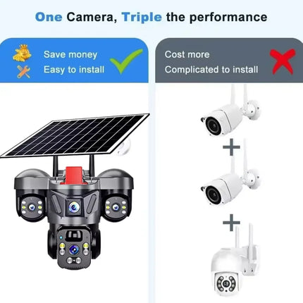 4G Solar Panel PTZ Camera 8MP Triple Lens Outdoor WiFi CCTV With High-speed Memory Card (Optio Home Security Surveillance Camera